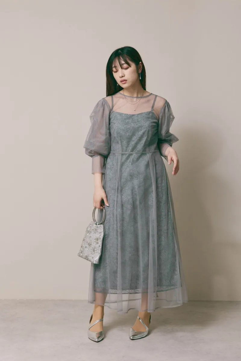グレーのシアーエプロンレースドレス　M/kaene