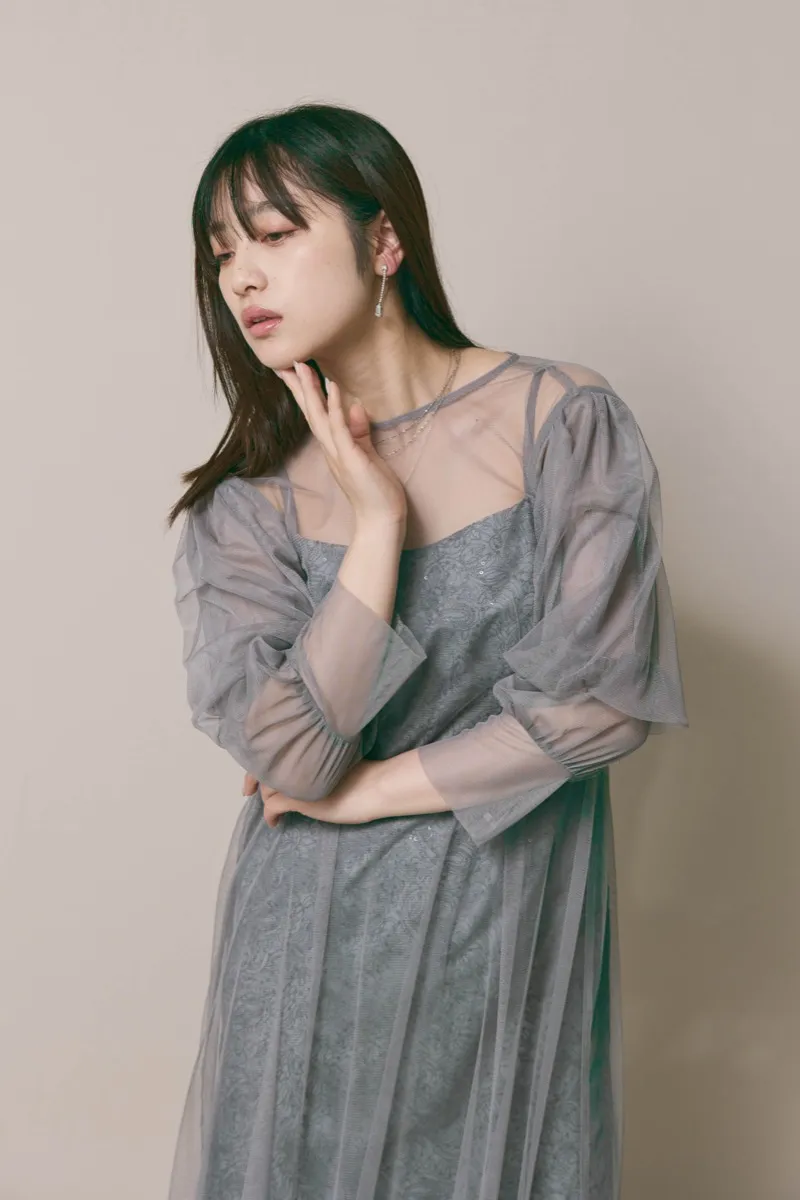 グレーのシアーエプロンレースドレス　M/kaene