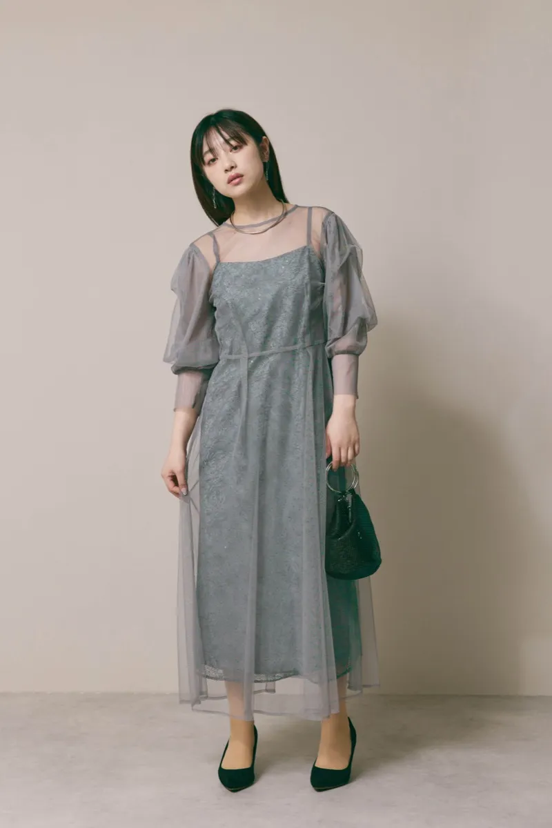グレーのシアーエプロンレースドレス　M/kaene