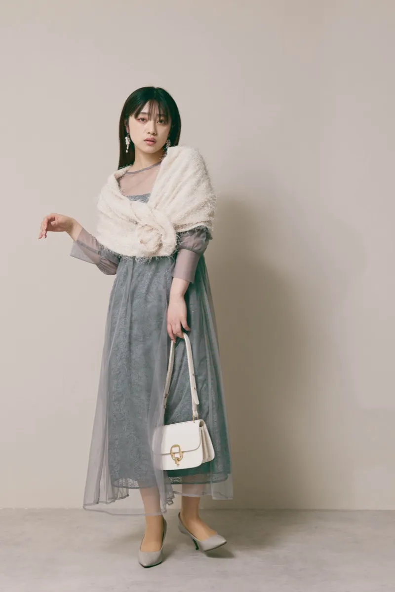 グレーのシアーエプロンレースドレス　M/kaene