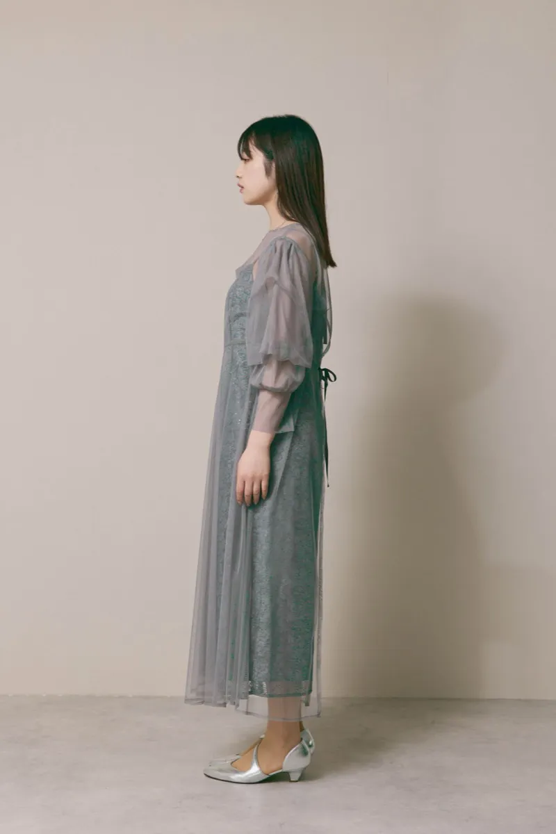 グレーのシアーエプロンレースドレス　M/kaene