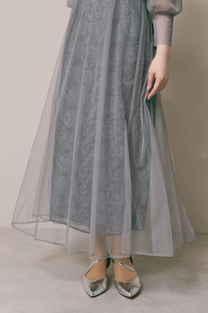 グレーのシアーエプロンレースドレス　M/kaene