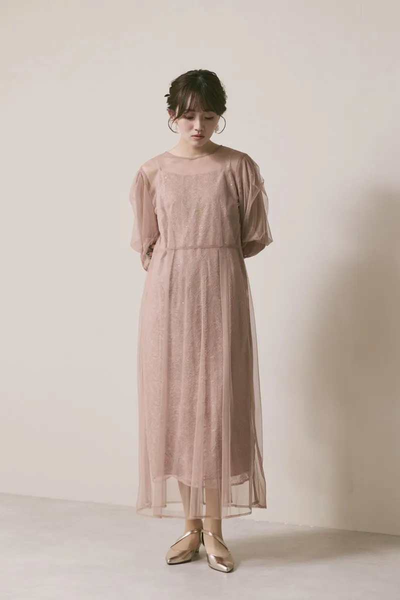 ピンクベージュのシアーエプロンレースドレス　M/kaene