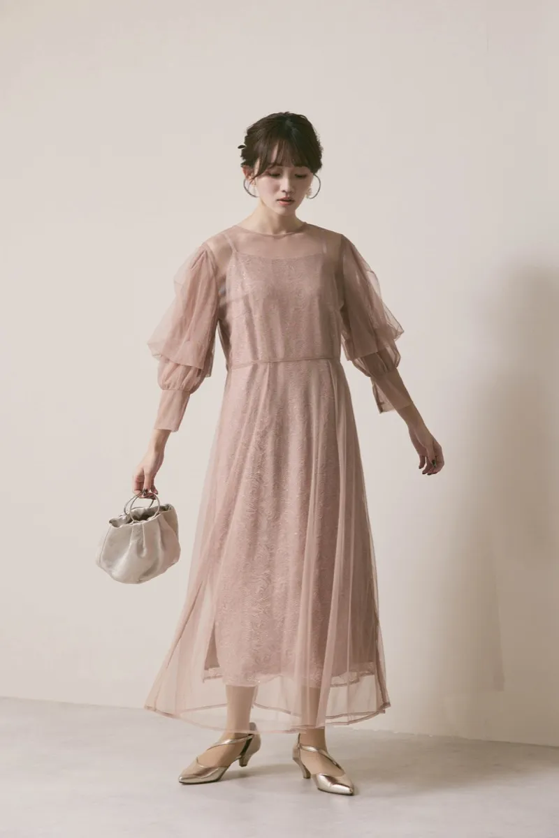 ピンクベージュのシアーエプロンレースドレス　M/kaene