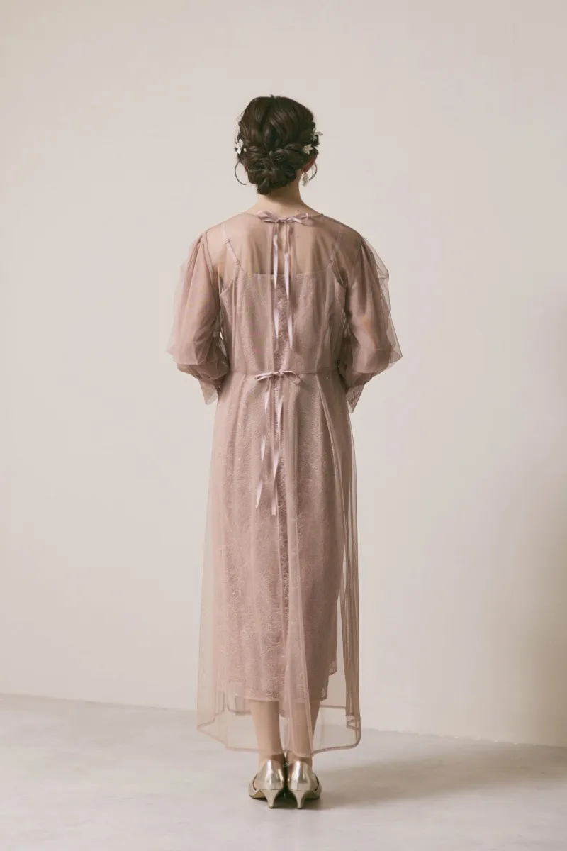 ピンクベージュのシアーエプロンレースドレス　M/kaene