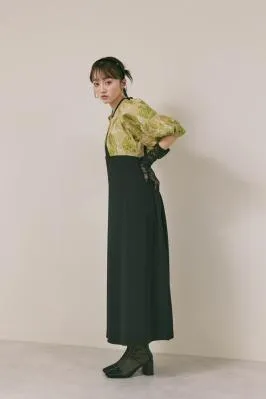 ブラック✕ベージュのスイッチングジャガードドレス　M/MARTE