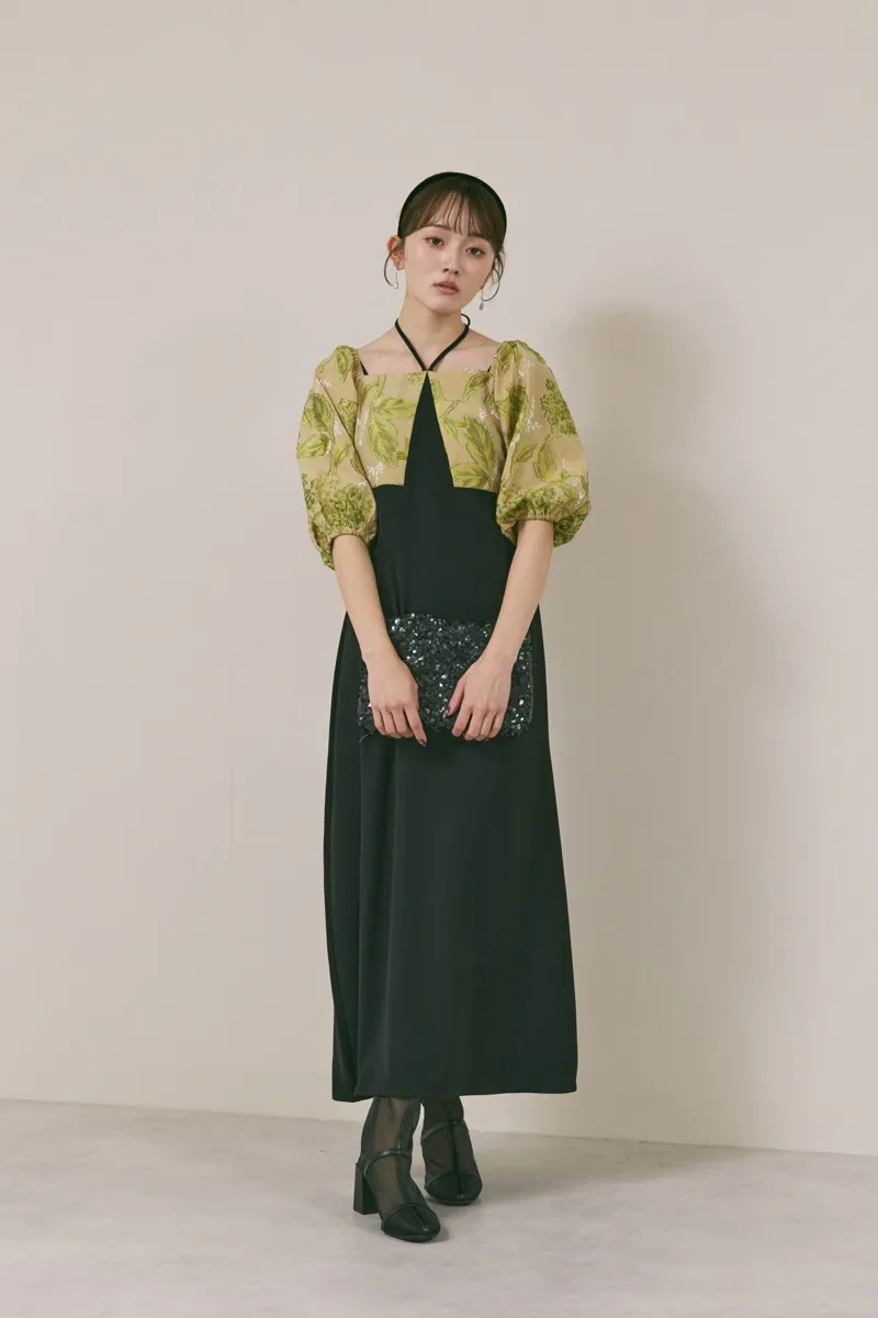 ブラック✕ベージュのスイッチングジャガードドレス　M/MARTE