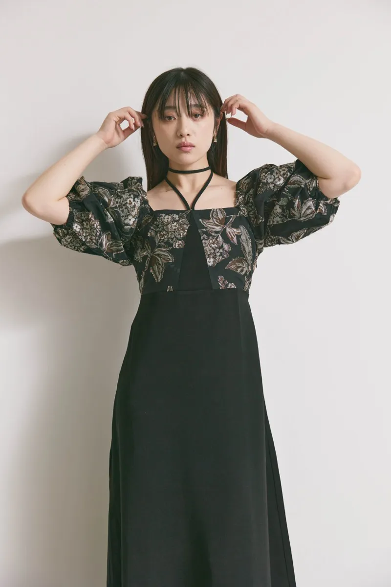 ブラックのスイッチングジャガードドレス　M/MARTE