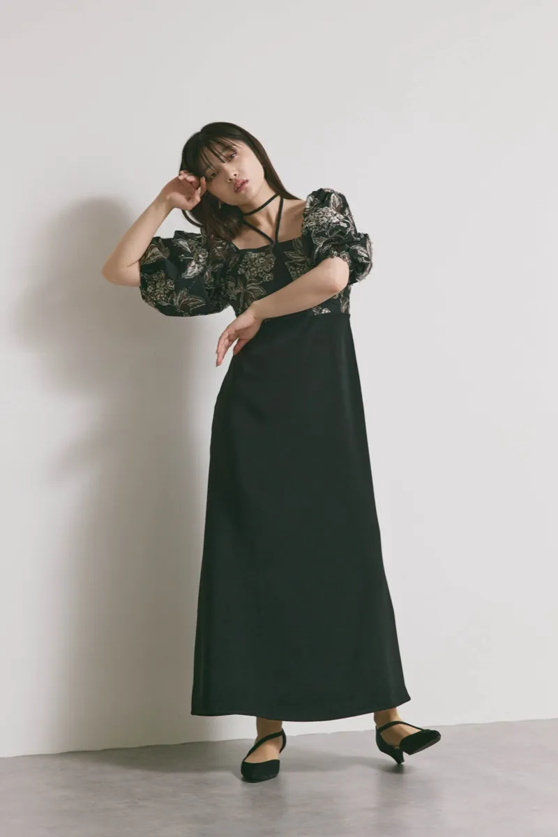 ブラックのスイッチングジャガードドレス　M/MARTE