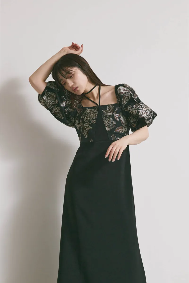 ブラックのスイッチングジャガードドレス　M/MARTE