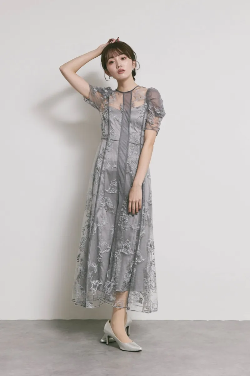 グレーのコードフラワレースドレス　M/FRAY.ID
