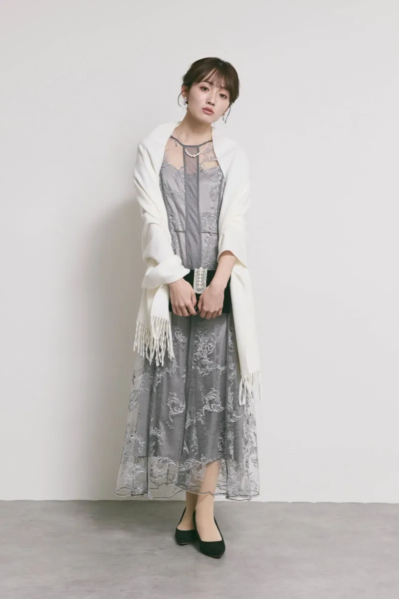 グレーのコードフラワレースドレス　M/FRAY.ID