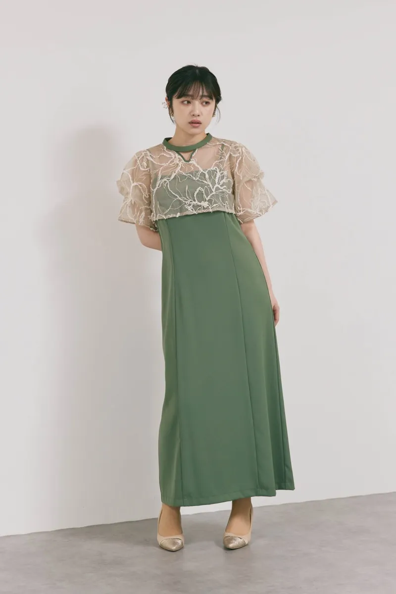 カーキのフラワーモール刺繍ドレス　M/AIMER