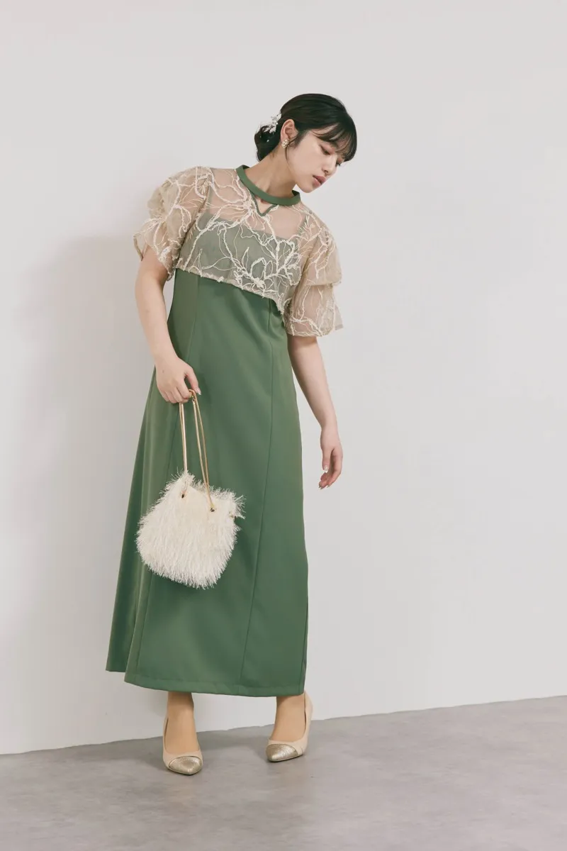 カーキのフラワーモール刺繍ドレス　M/AIMER