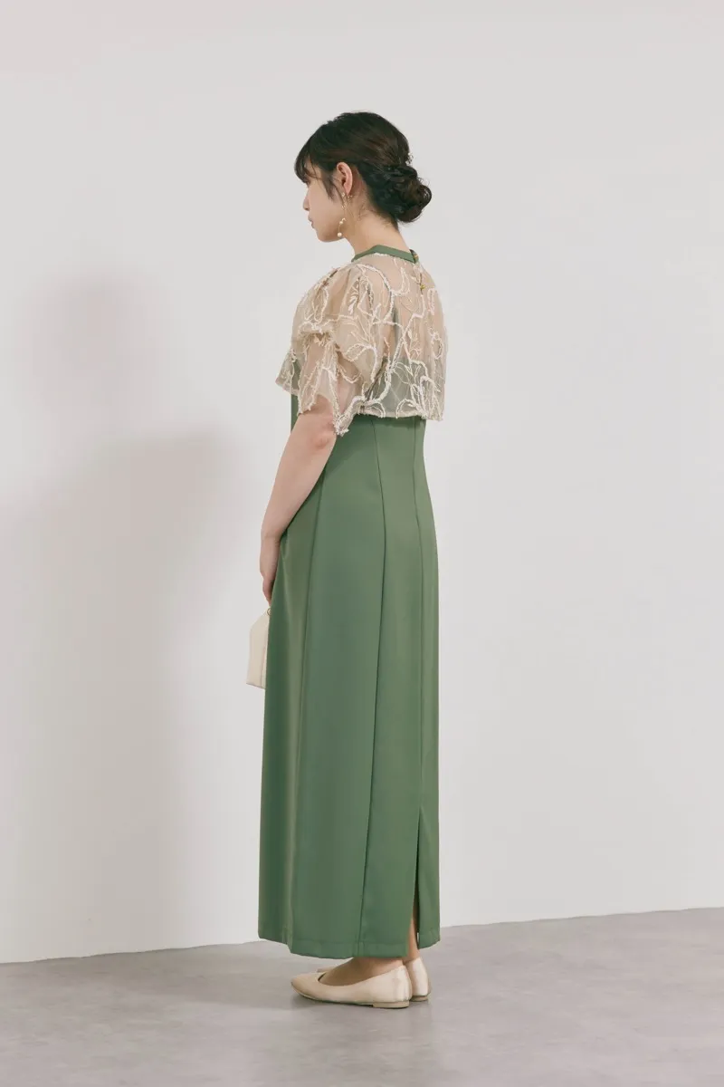 カーキのフラワーモール刺繍ドレス　M/AIMER