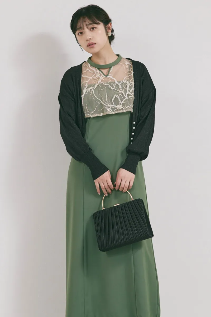 カーキのフラワーモール刺繍ドレス　M/AIMER