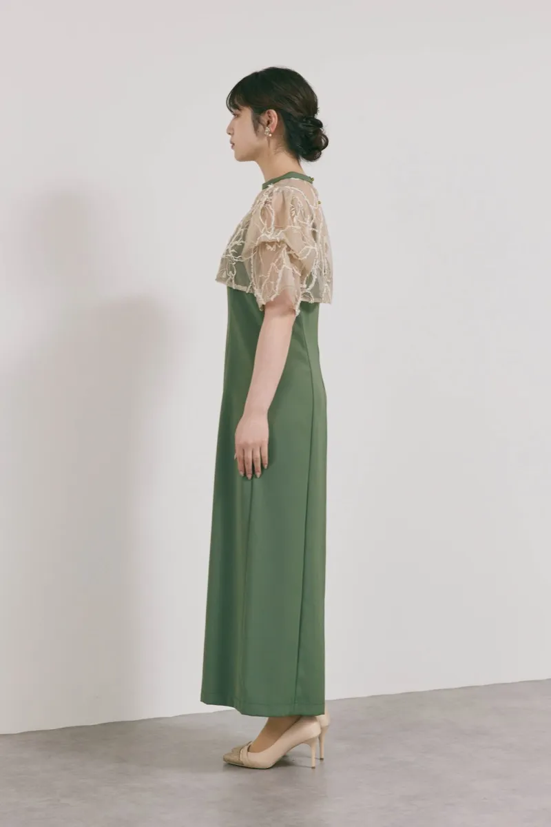 カーキのフラワーモール刺繍ドレス　M/AIMER