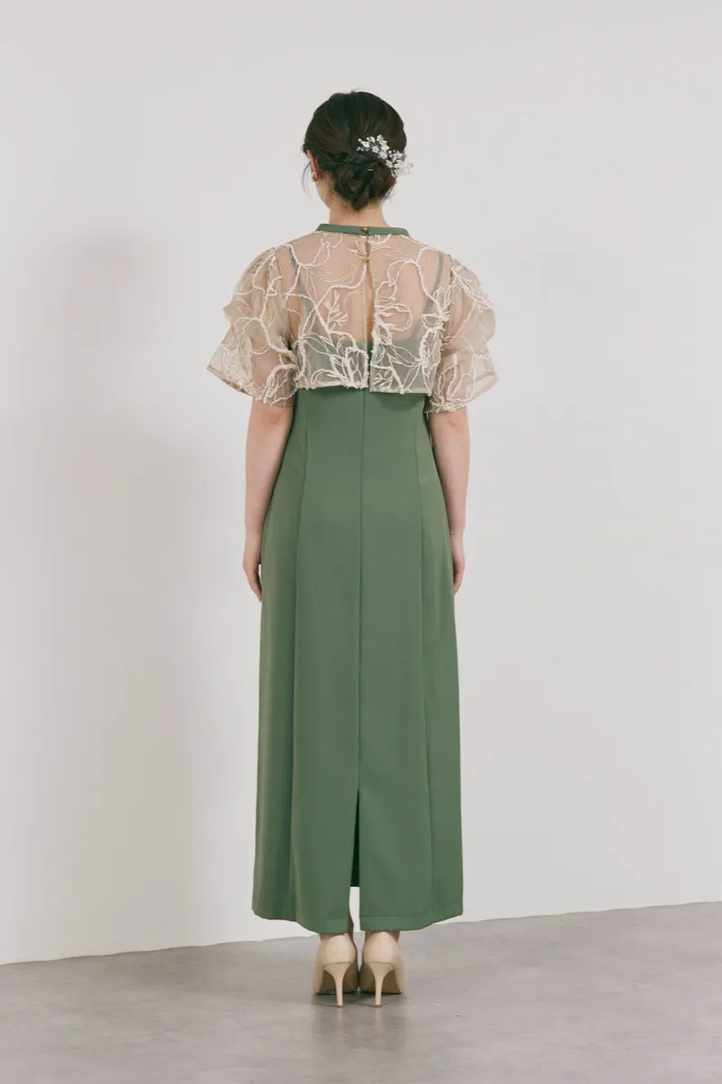 カーキのフラワーモール刺繍ドレス　M/AIMER