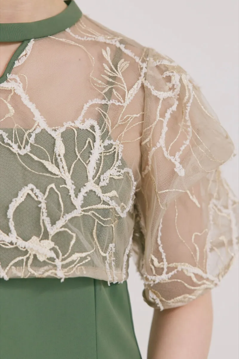 カーキのフラワーモール刺繍ドレス　M/AIMER