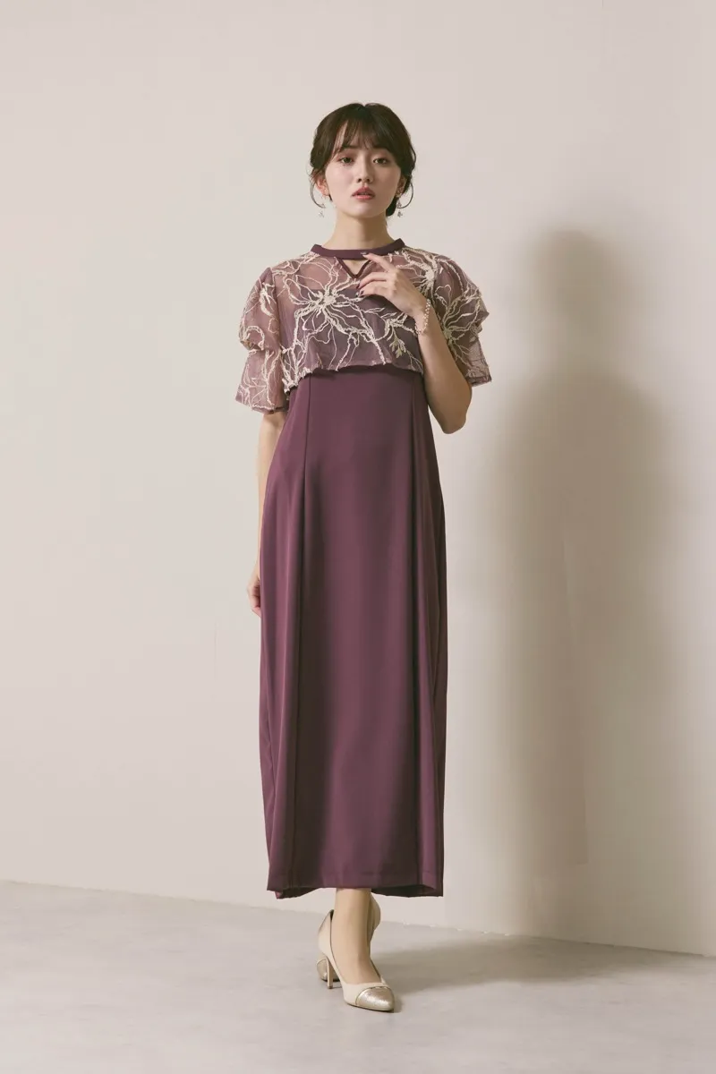 グレイッシュレッドのフラワーモール刺繍ドレス　M/AIMER