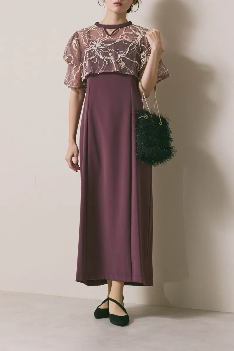 グレイッシュレッドのフラワーモール刺繍ドレス　M/AIMER