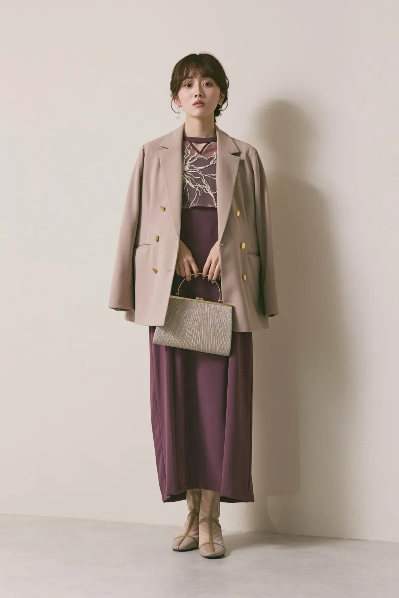 グレイッシュレッドのフラワーモール刺繍ドレス　M/AIMER