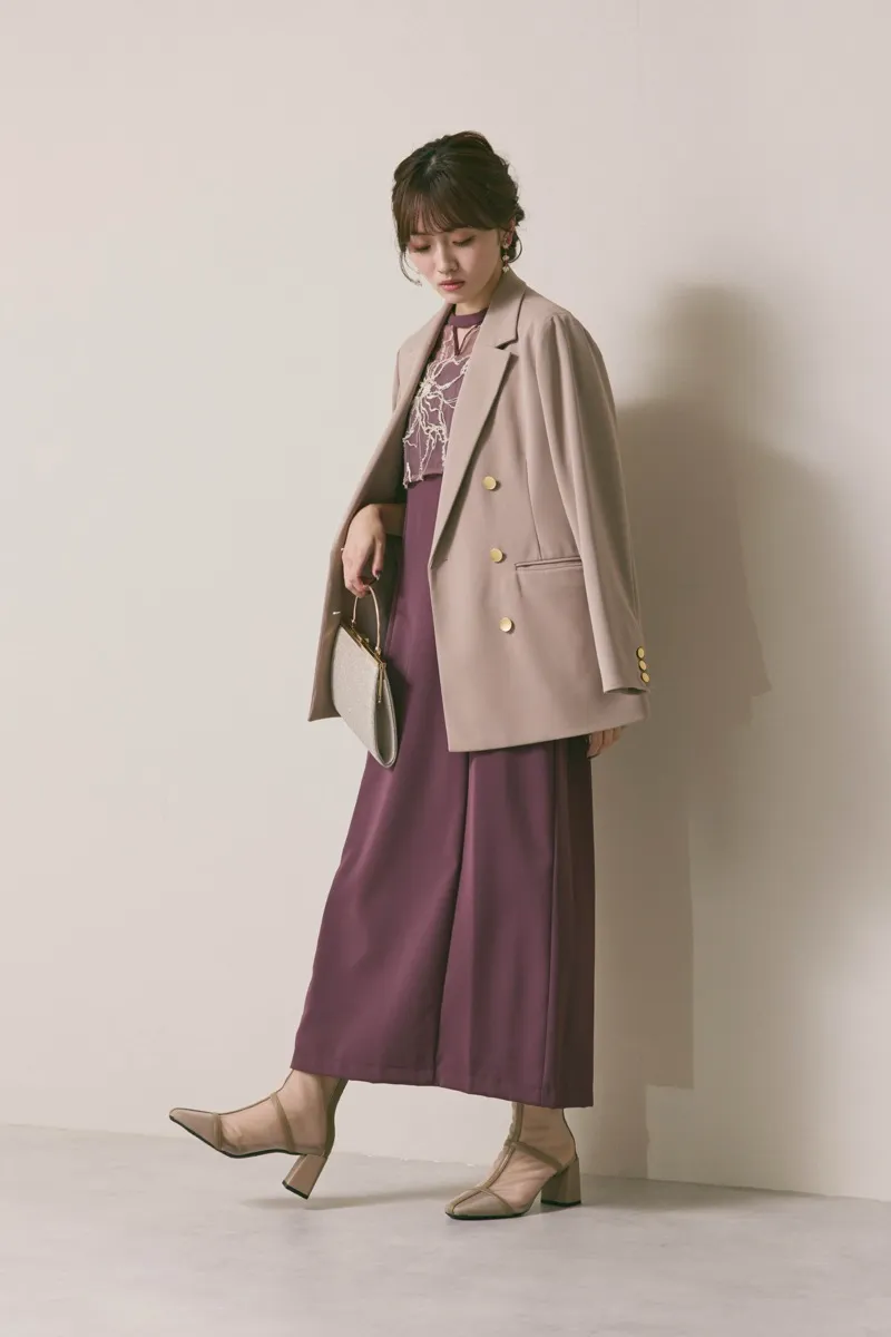 グレイッシュレッドのフラワーモール刺繍ドレス　M/AIMER