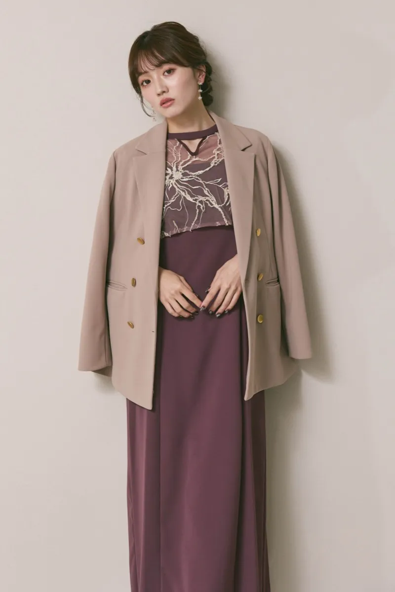 グレイッシュレッドのフラワーモール刺繍ドレス　M/AIMER