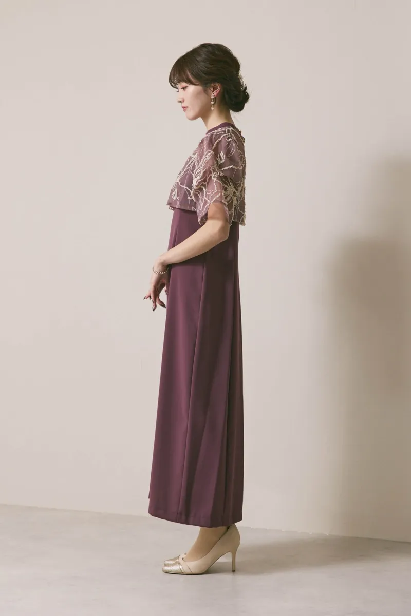 グレイッシュレッドのフラワーモール刺繍ドレス　M/AIMER