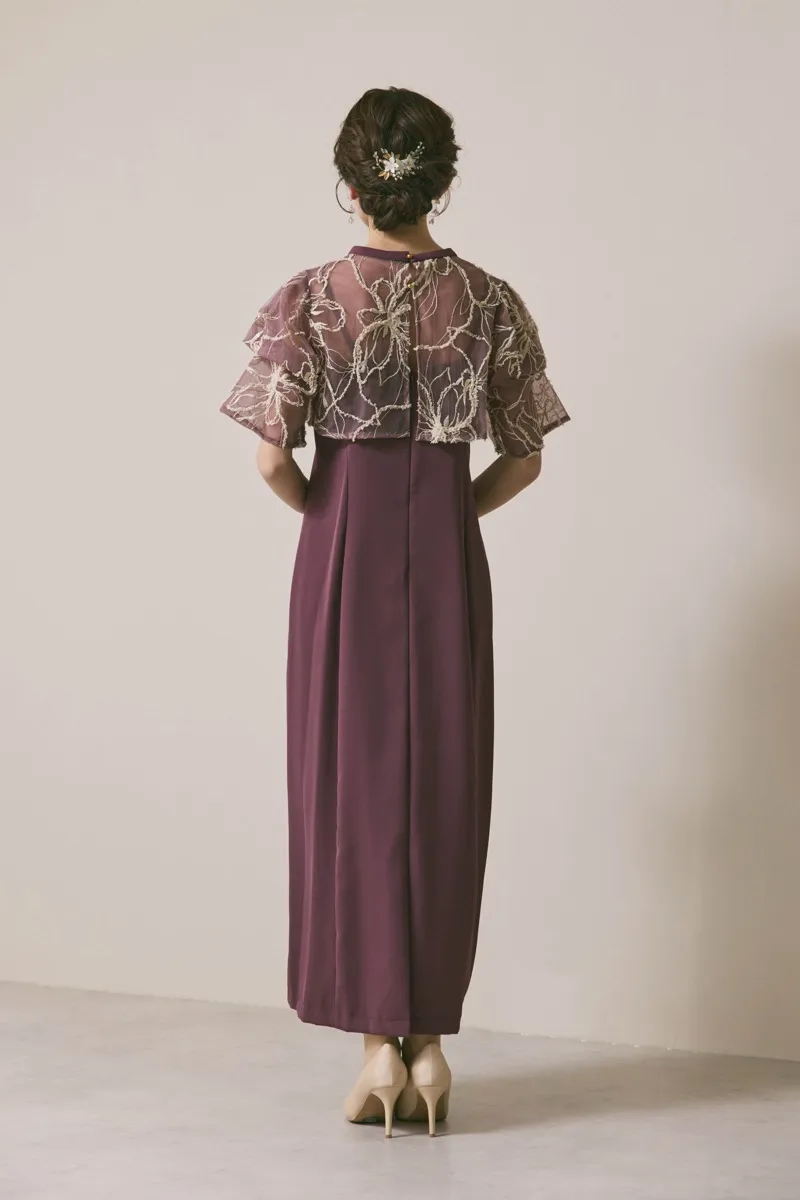 グレイッシュレッドのフラワーモール刺繍ドレス　M/AIMER