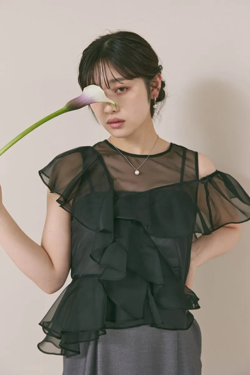 グレー✕ブラックのラッフルブラウスセットドレス　M/FRAY.ID