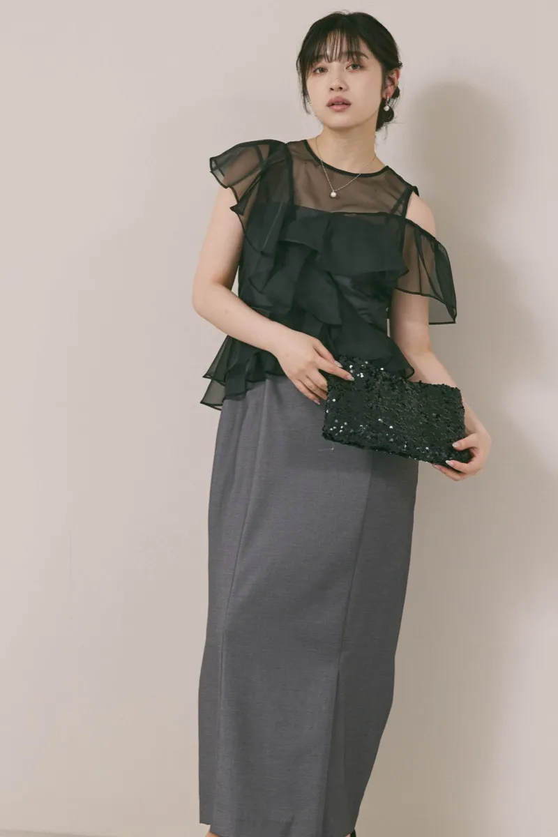 グレー✕ブラックのラッフルブラウスセットドレス　M/FRAY.ID