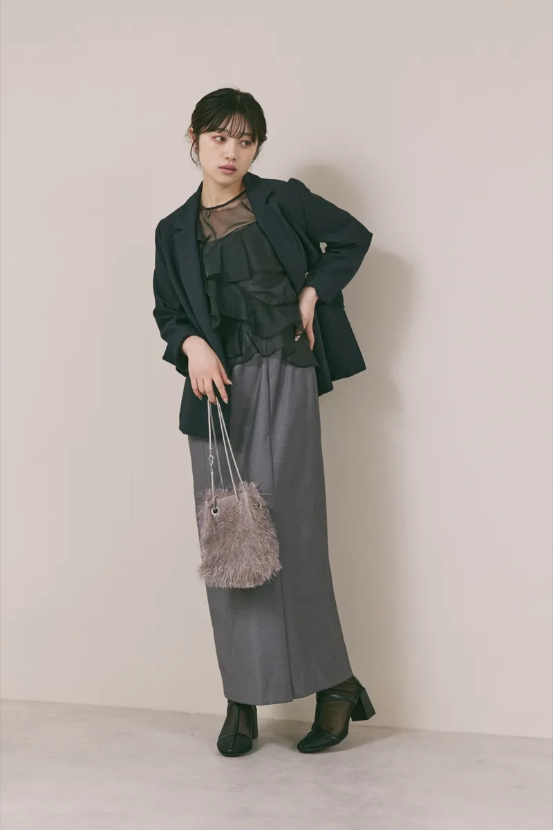 グレー✕ブラックのラッフルブラウスセットドレス　M/FRAY.ID