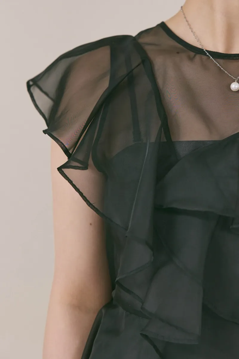 グレー✕ブラックのラッフルブラウスセットドレス　M/FRAY.ID