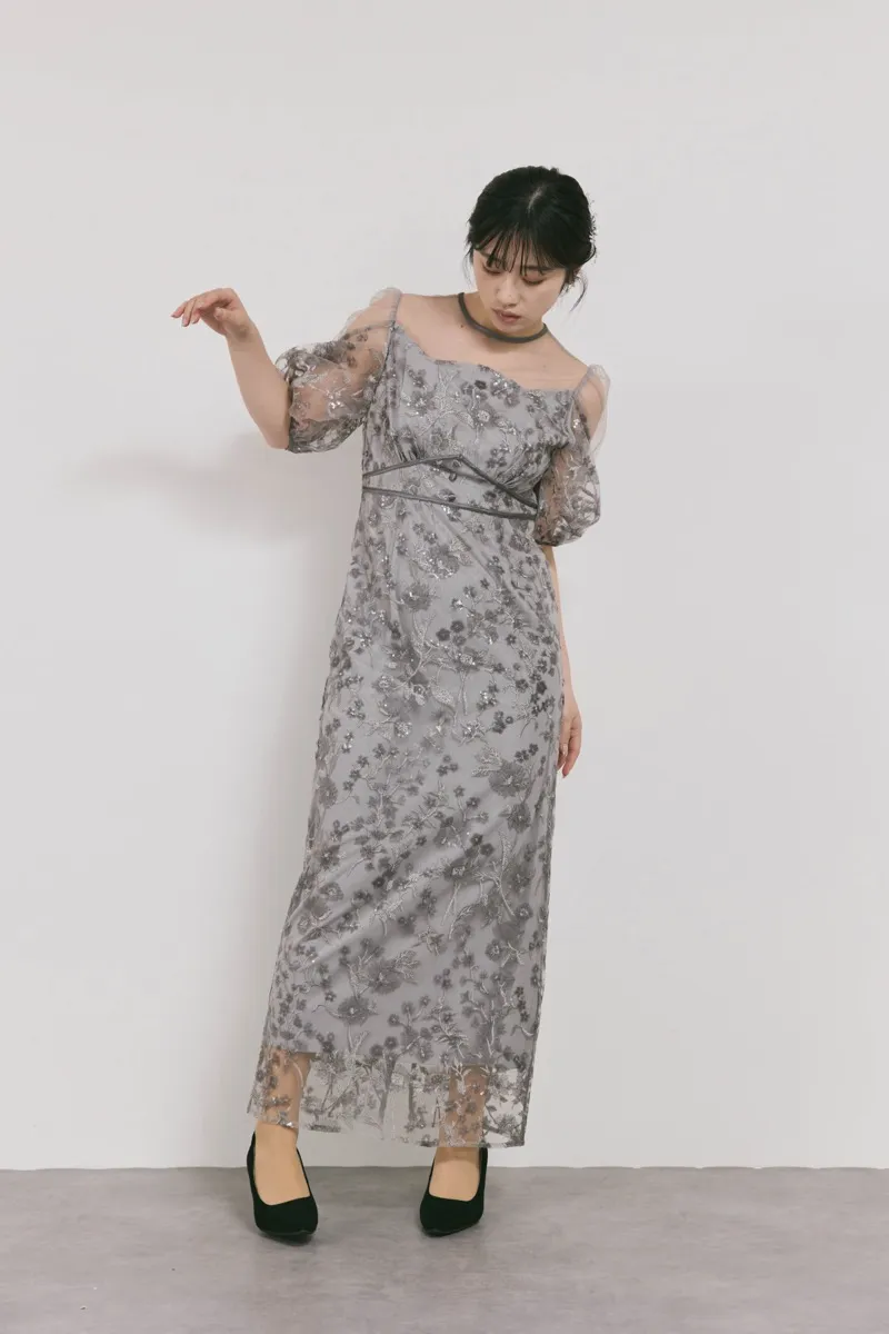 グレーのフラワーエンブロイダリーパフスリーブドレス　M/Leja