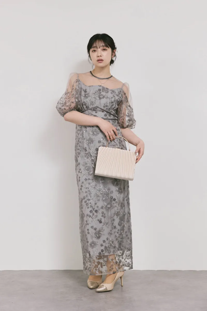 グレーのフラワーエンブロイダリーパフスリーブドレス　M/Leja