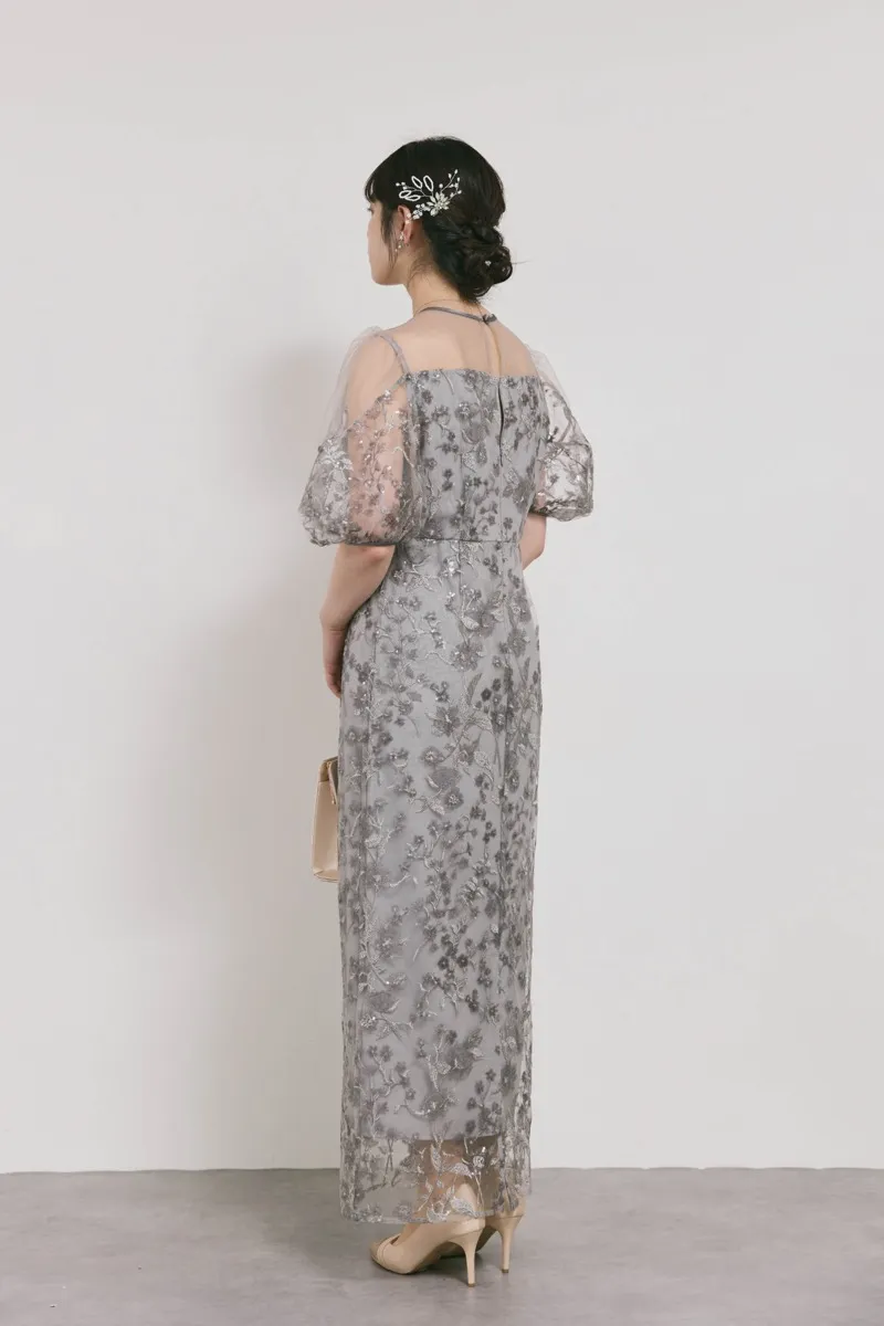 グレーのフラワーエンブロイダリーパフスリーブドレス　M/Leja