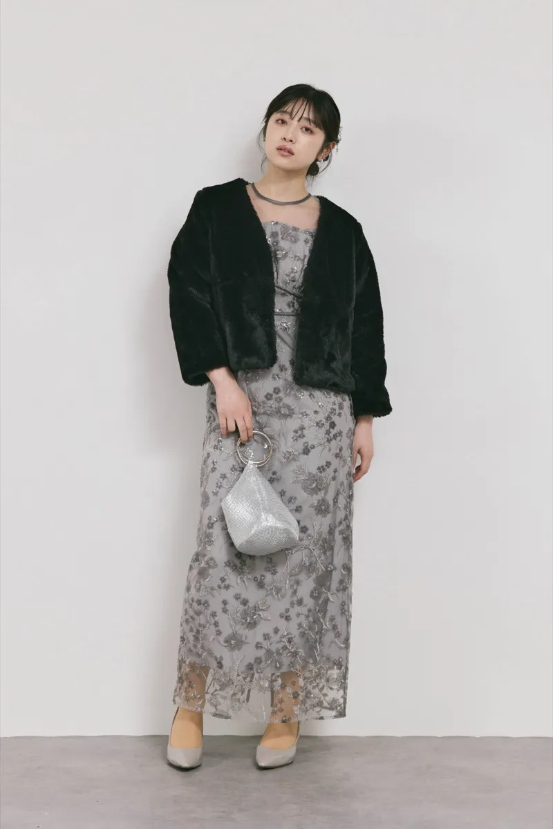 グレーのフラワーエンブロイダリーパフスリーブドレス　M/Leja