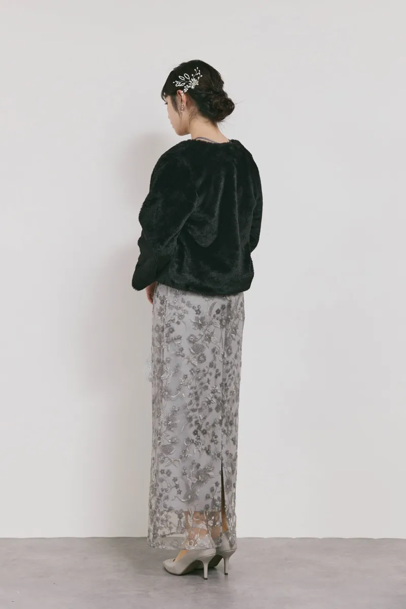 グレーのフラワーエンブロイダリーパフスリーブドレス　M/Leja