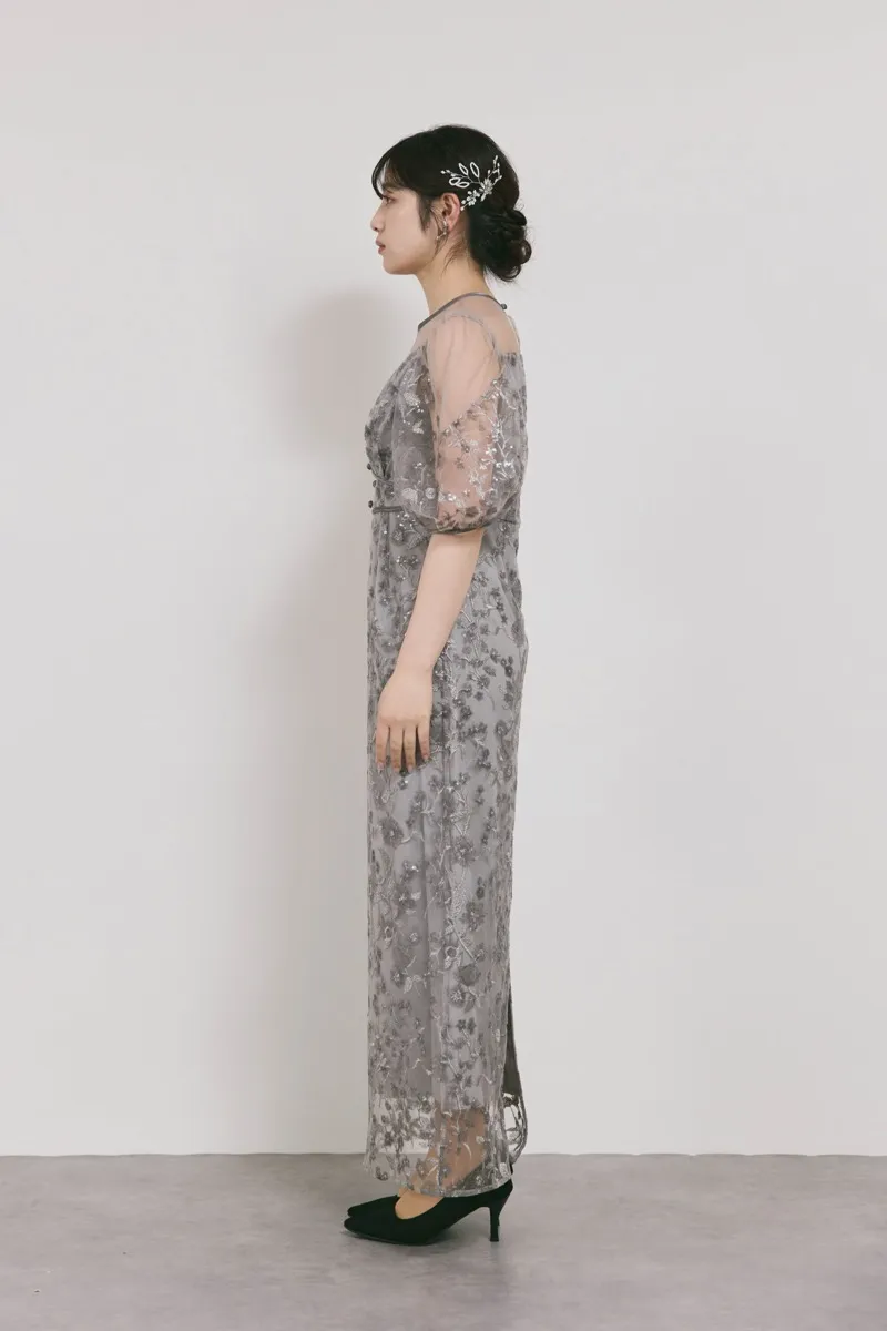 グレーのフラワーエンブロイダリーパフスリーブドレス　M/Leja