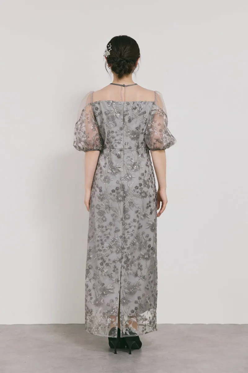 グレーのフラワーエンブロイダリーパフスリーブドレス　M/Leja