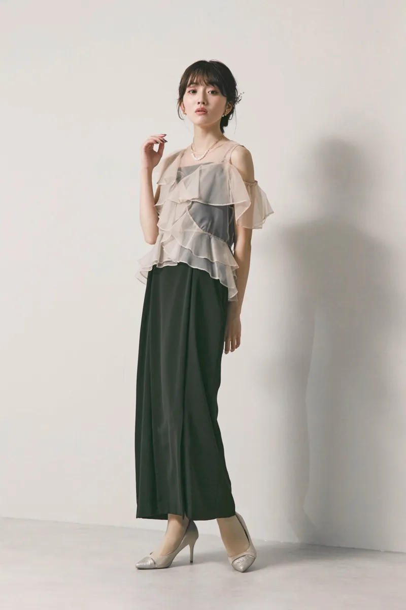 ブラック✕アイボリーのラッフルブラウスセットドレス　M/FRAY.ID