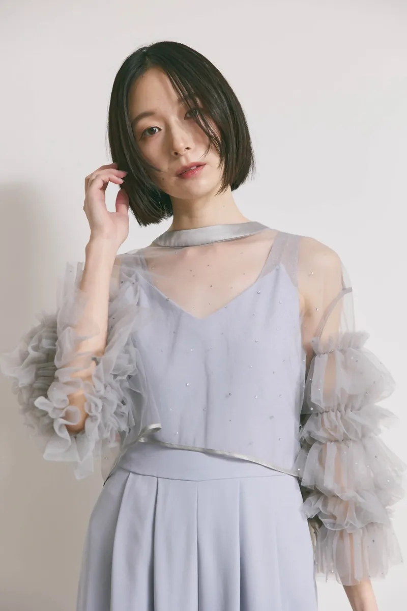 サックスブルーのラッフルトップスパンツドレス　M/Ameri VINTAGE