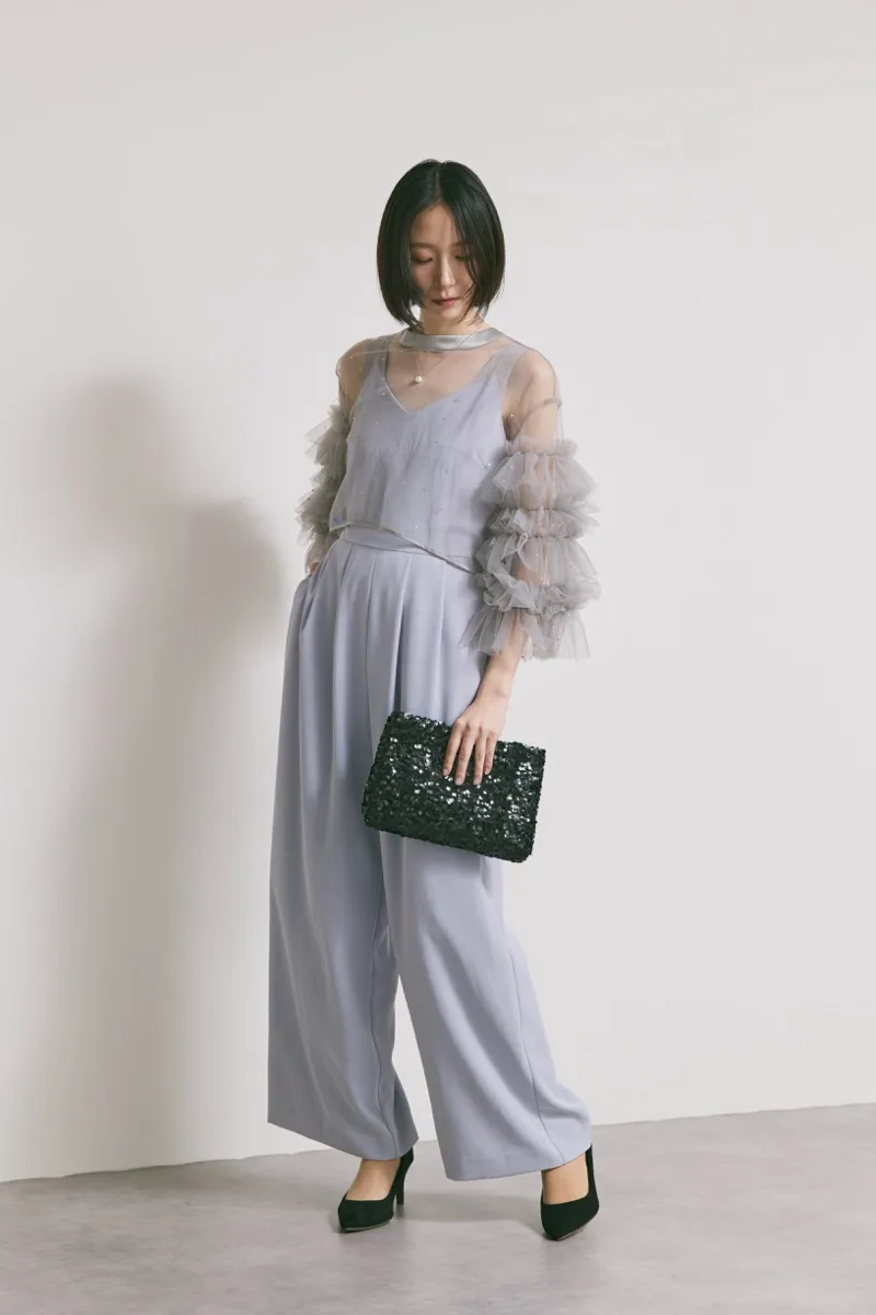 サックスブルーのラッフルトップスパンツドレス　M/Ameri VINTAGE