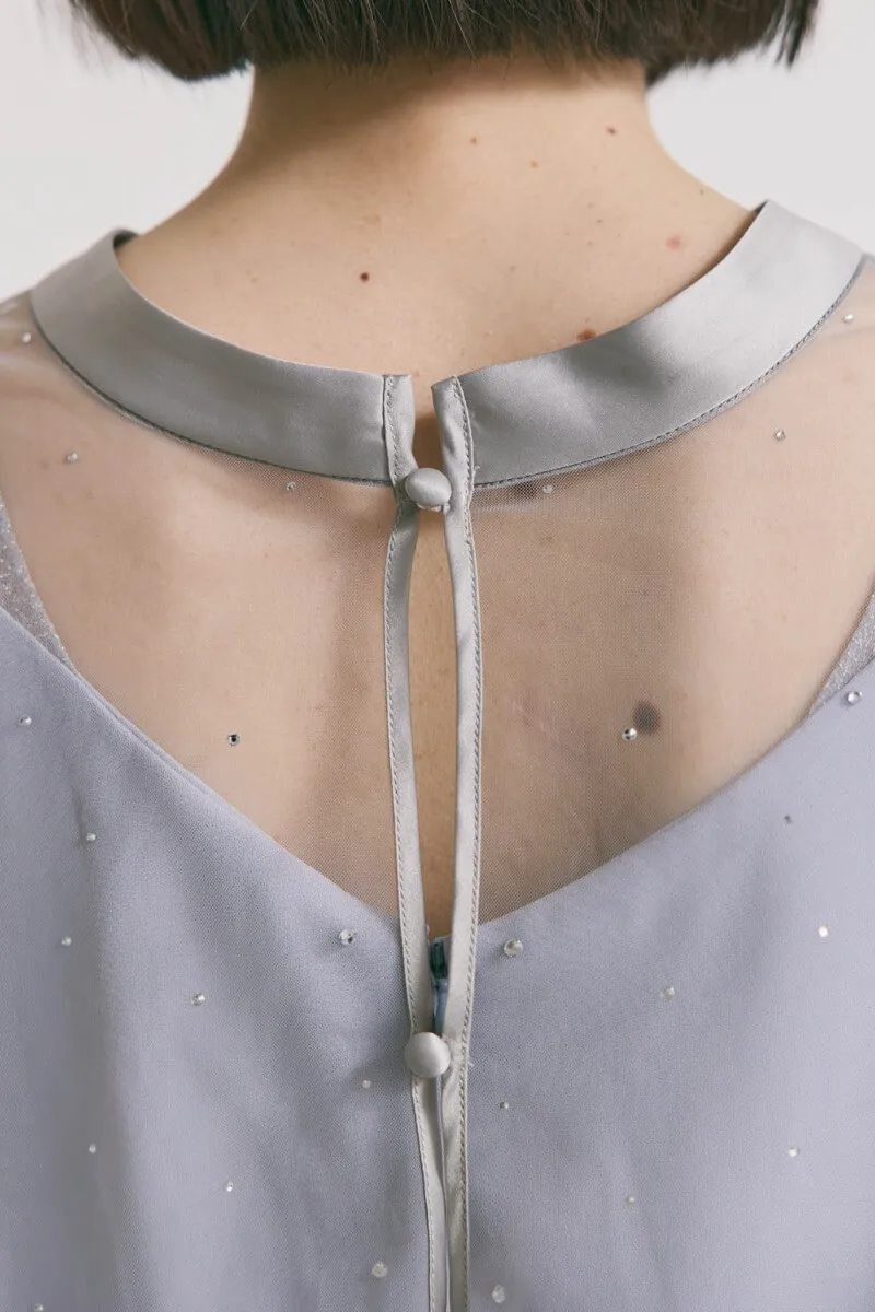 サックスブルーのラッフルトップスパンツドレス　M/Ameri VINTAGE