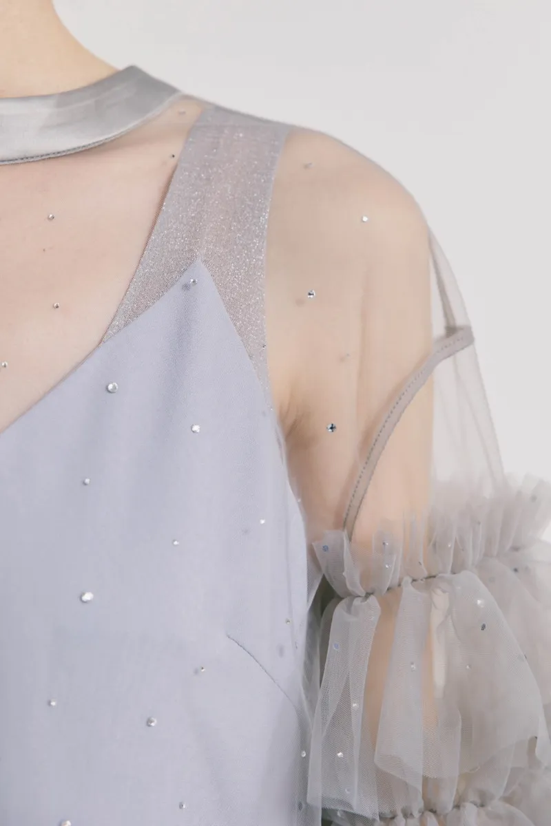 サックスブルーのラッフルトップスパンツドレス　M/Ameri VINTAGE