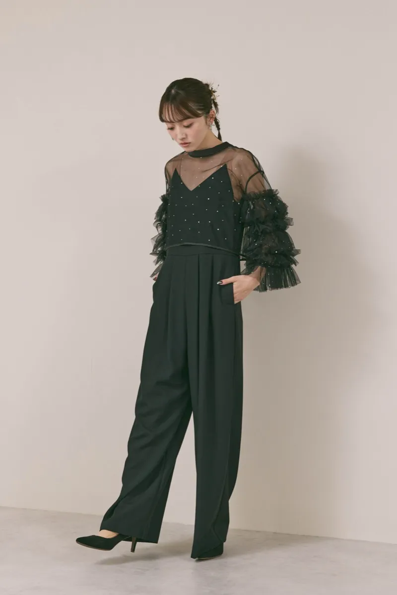 ブラックのラッフルトップスパンツドレス　M/Ameri VINTAGE