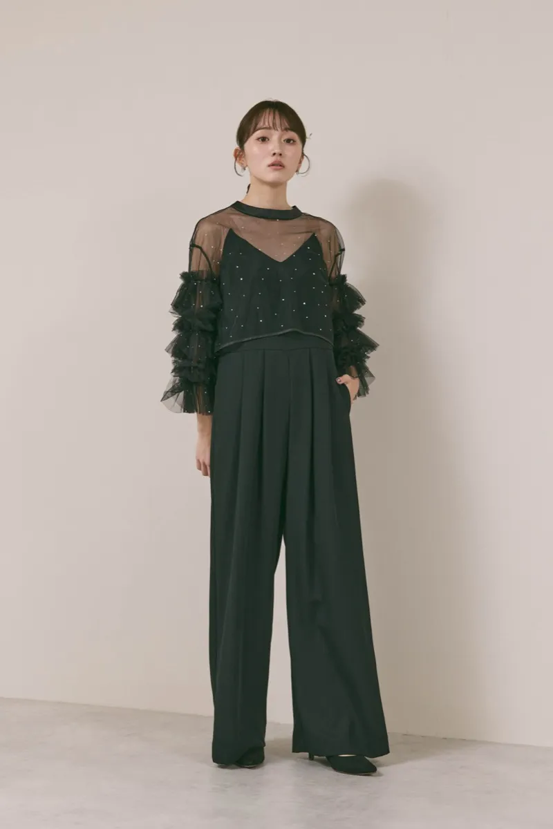 ブラックのラッフルトップスパンツドレス　M/Ameri VINTAGE