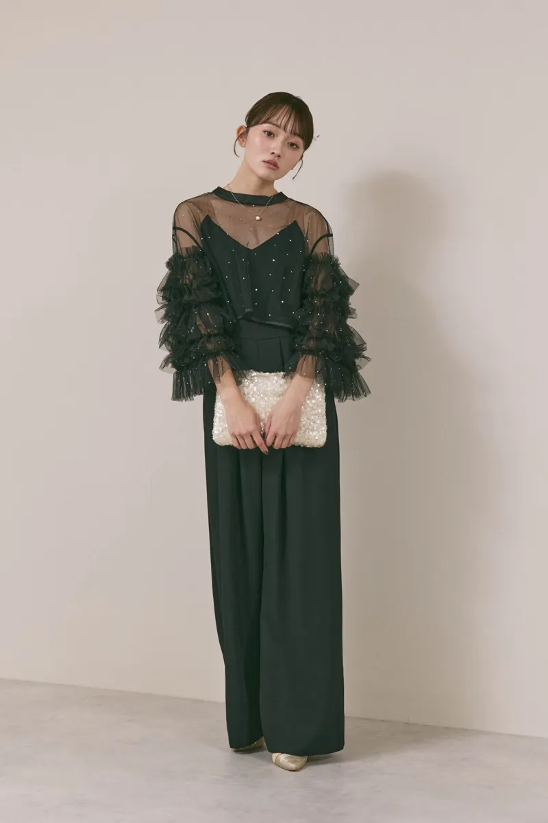 ブラックのラッフルトップスパンツドレス　M/Ameri VINTAGE