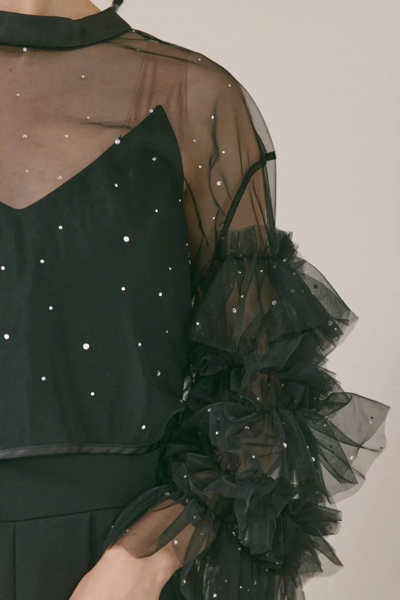 ブラックのラッフルトップスパンツドレス　M/Ameri VINTAGE